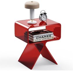 Acrylic Nightstand Side Table Modern Design Clear Home Decor Display End Table for Living Room (Red).