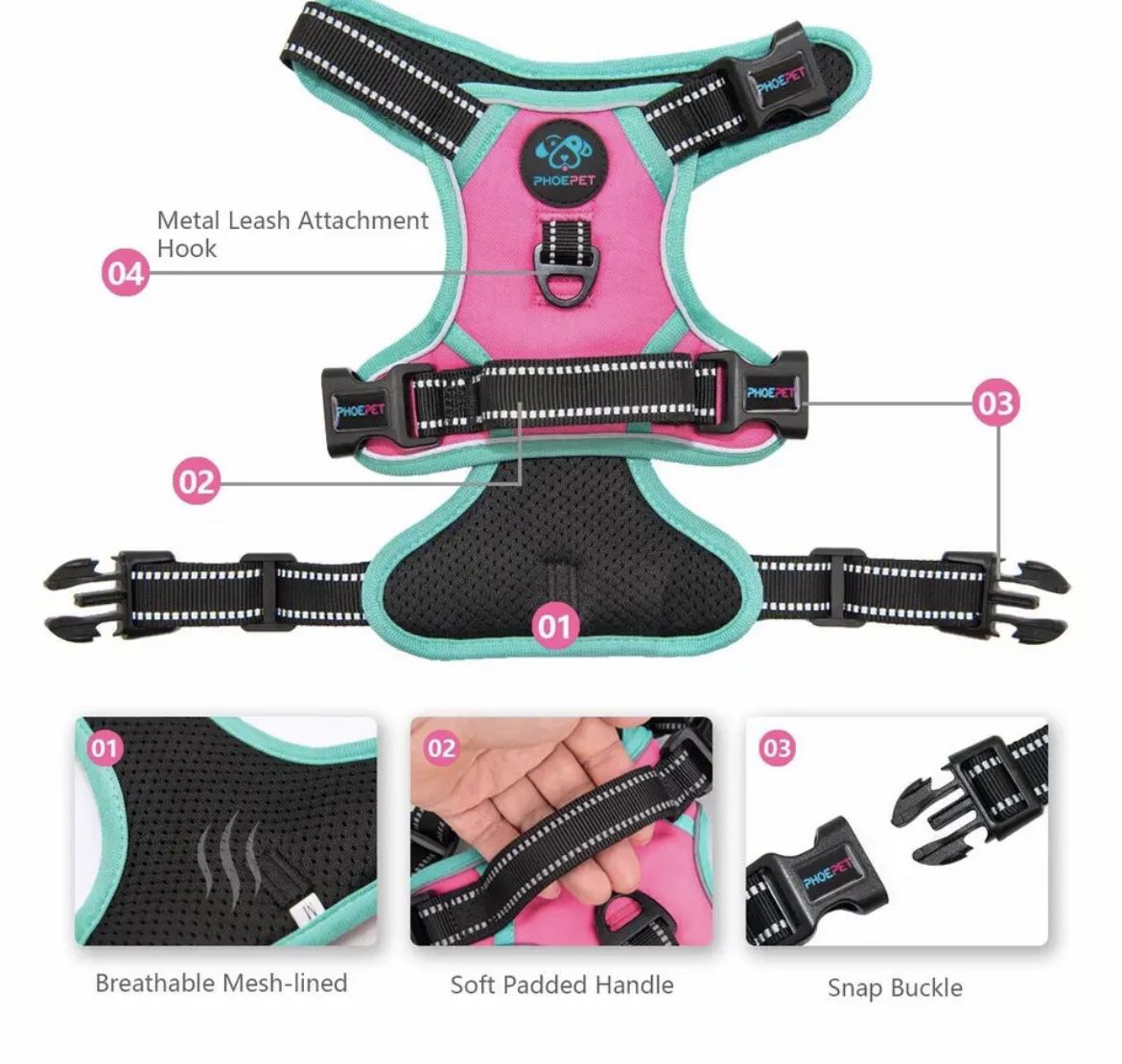 Phoepet Dog Harness, Reflective Adjustable Vest, with a Training Handle L Pink 