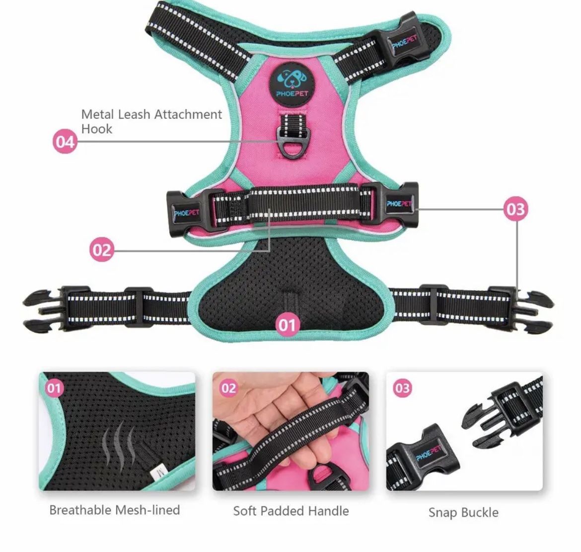 Phoepet Dog Harness, Reflective Adjustable Vest, with a Training Handle L Pink