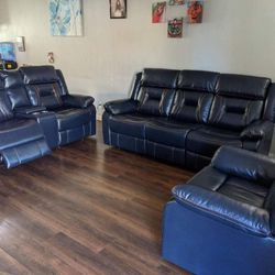 New Navy Blue Recliner Couch , Loveseat And Chair Only $50 Down Payment 
