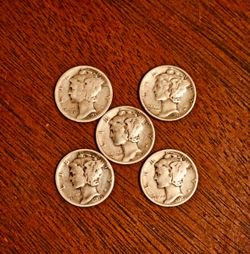 5 Silver Mercury Dimes