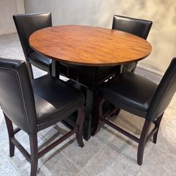 Bar/Dining Table (Wood Drop Leaf) Set with 4 Black Faux Leather pub height Bar Chairs in Brown/Black