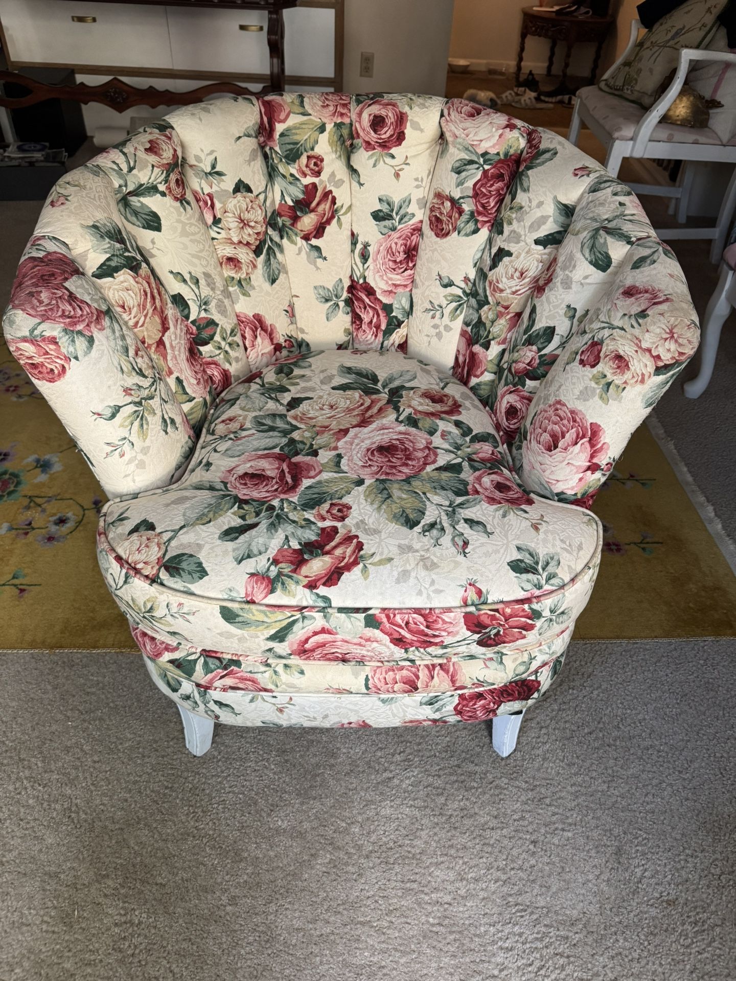 Vintage 1940s Floral  Barkcloth upholstered club chair channel back/tufted yellow/red roses