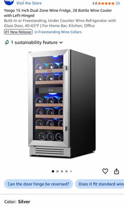 15 Inch Dual Zone Wine Fridge, 28 Bottle Wine Cooler with Left-Hinged Built-In or Freestanding, Under Counter Wine Refrigerator with Glass Door, 40-65