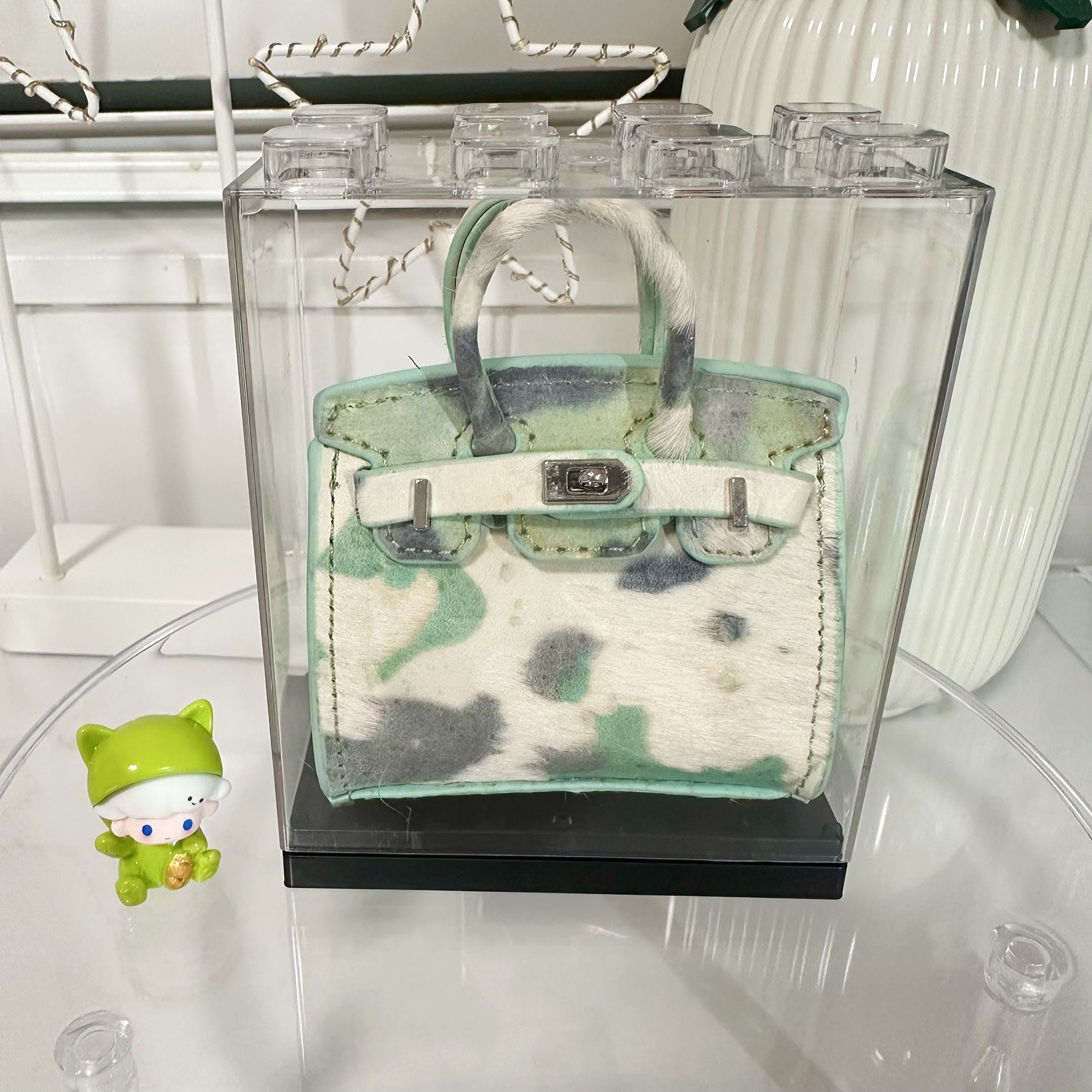 Mint Green Mini Birkin Bag Charm with Acrylic Display Case and Silk Twilly