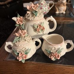 Hand-Decorated Floral Tea Set – Signed & Dated 1995 – Teapot, Creamer, Sugar Bowl
