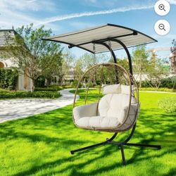 Double Hanging Egg Chair Swing Indoor Outdoor with Canopy Cushion Stand for Patio Garden Bedroom Living Room Max 620lbs