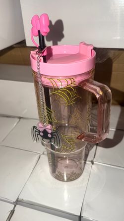 40 oz Pink Spiderweb Handled Acrylic Tumbler w Lid Straw Chain Halloween