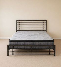 Modern Industrial Metal Platform Bed Frame with Mattress – Black California King
