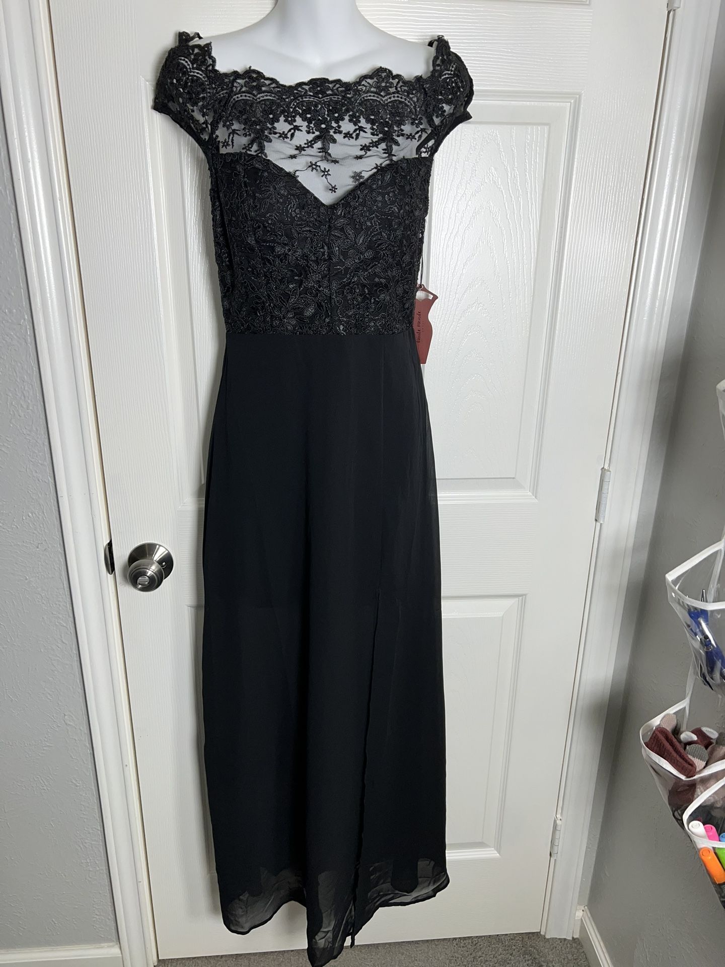 Black Laced Off The Shoulder Full Length Evening Dress