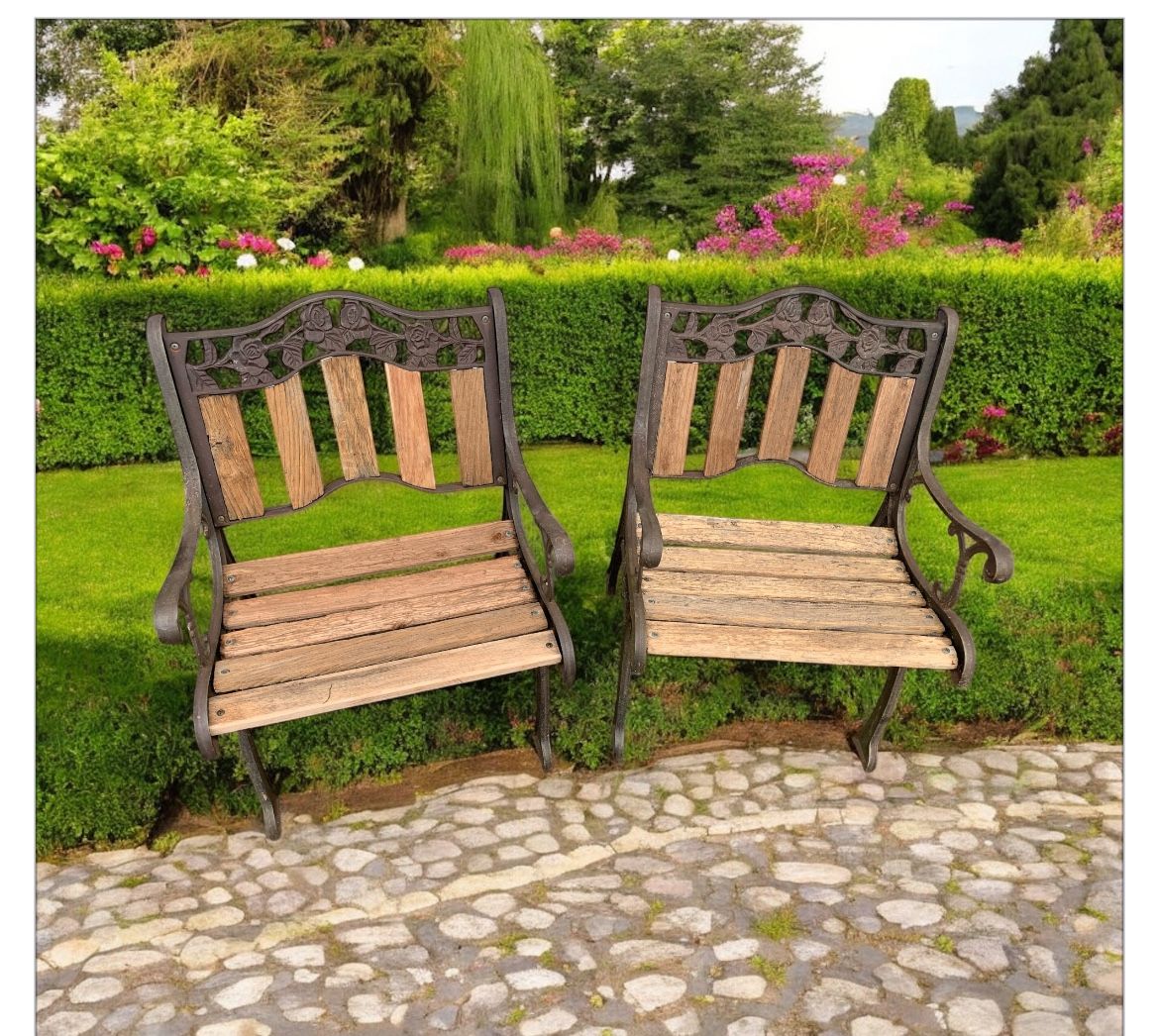 Vintage pair of Victorian Garden Cast Iron and wood bench style chairs 24 W x 22 D x 32 H seat@17 