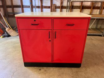 Red Metal Garage Storage Cabinet with Workbench Top