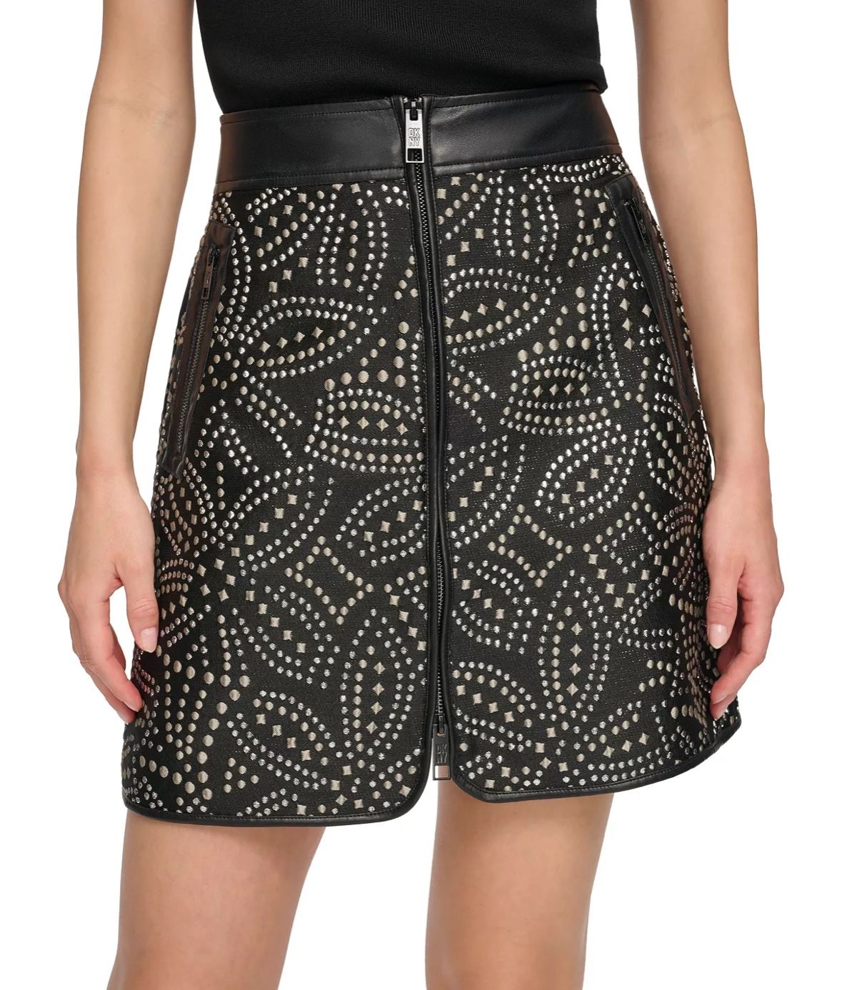 DKNY Black Mini Size 4 Skirt. Faux Silver Stud Embedded Design. Front Zip. NWT!