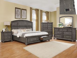 Brand new gray queen bed frame + dresser + mirror + nightstand