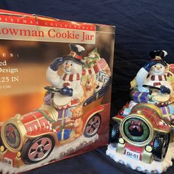 Vintage Snowman Car With Toys Presents Cookie Jar