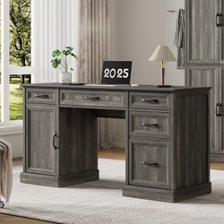 58" Farmhouse Executive Desk, Wood Home Office Desk with Drawers & File Cabinet, Embossed Texture Storage Organizer Computer Desk for Working, Studyin