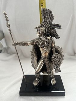 Mexican Aztec Eagle Warrior Sculpture, Silver-Colored Figure with Spear and Shield