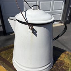 Large Vintage White Enamel Cowboy Coffee Pot or Camp Coffee Pot 15.5” High and 10.5” Round Black and White. Wear mark on one side.