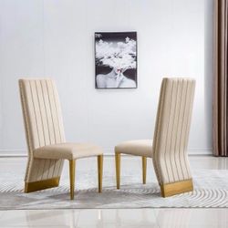 set of 2 Modern Velvet Upholstered Dining Room Chairs in Lovely Color with Polished Gold Stainless Steel Legs