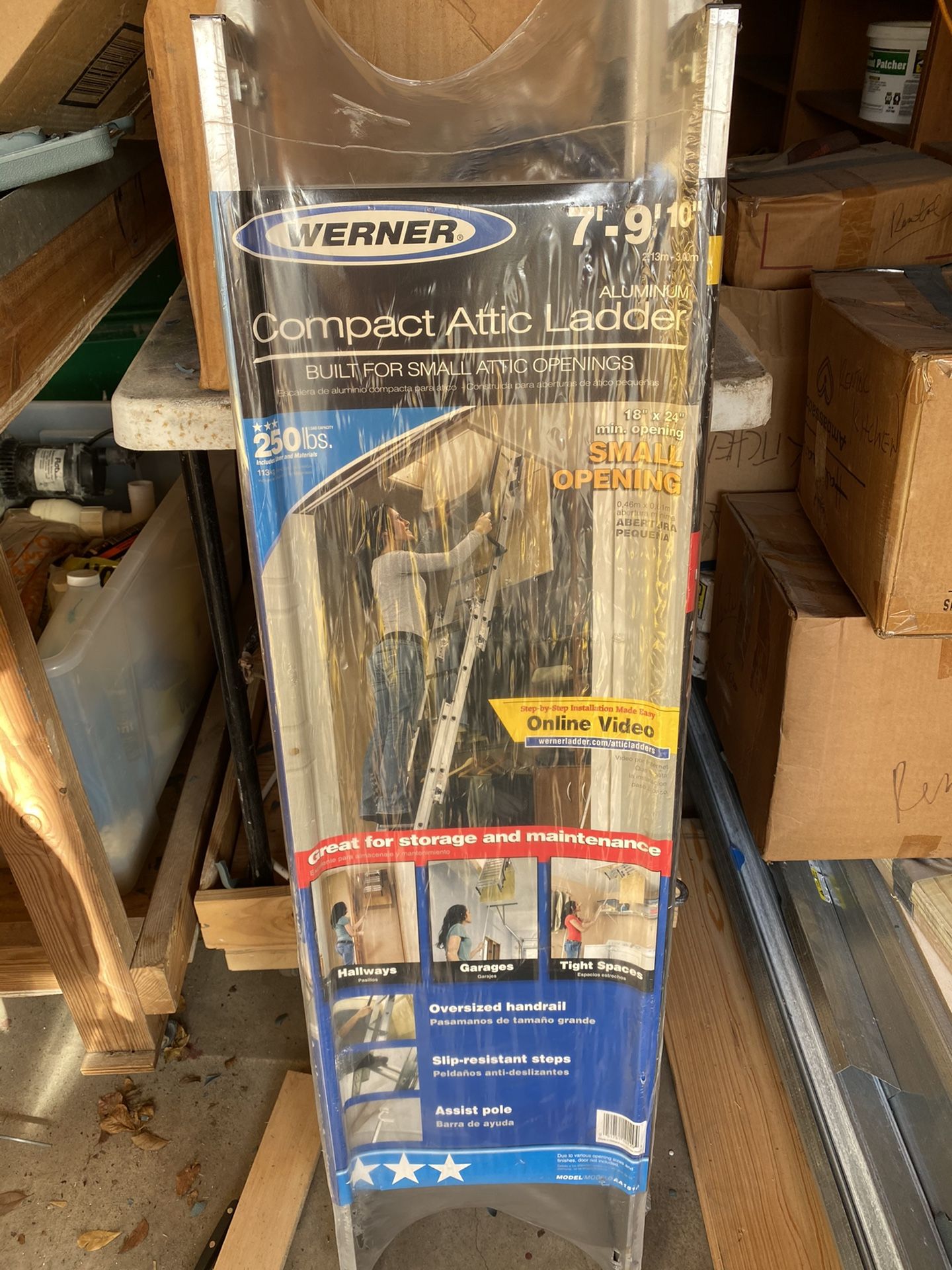 Werner Compact attic ladder aluminum 7 to 9’10”, pulldown ladder for crawlspace for Sale in