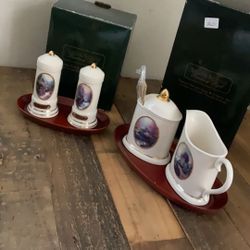 Thomas Kincade Cottage Design Sugar Bowl and Creamer Set with Tray. (2005) And Salt Shakers 🧂 