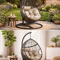 49" Swing Hanging Basket, Modern Outdoor Rattan with Cushion, And Metal Frame Hanging Base [NEW] **Assembly Req** 