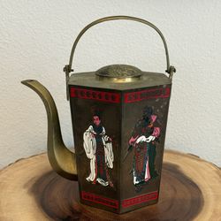 Vintage 1950’s Chinese Brass Teapot w/6 Sided Enamel Figures 