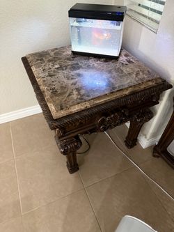 Ornate Wood End Table with Marble Top