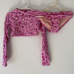 Cat & Jack Size 6T Girl Pink Print Bathing Swimsuit- Two Piece Biquini Top Long Sleeve + Bottom - Used Great Condition - 👙