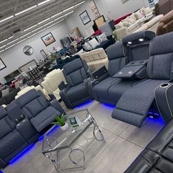 Power Rwcliner Sofa Set 💙 Dark Blue Color