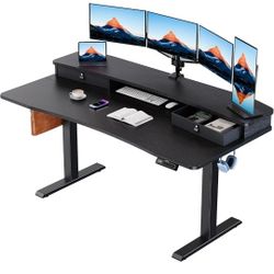 HUANUO 60″ x 30″ Electric Standing Desk with 2 Drawers, C-Clamp Mount Compatible, Height Adjustable Computer Desk, Home Office Stand Up Desk with 4 Pr