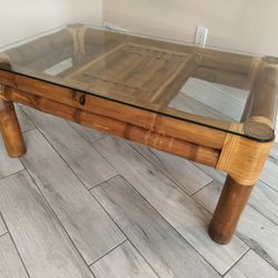 Vintage Coastal BoHo Elephant Bamboo Coffee Table Accented With Split Bamboo, Tempered Glass Top and Leather Wraps.