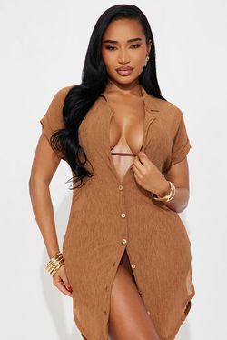 Summer Breeze Button Up Plisse Cover Up Shirt Dress- Mocha