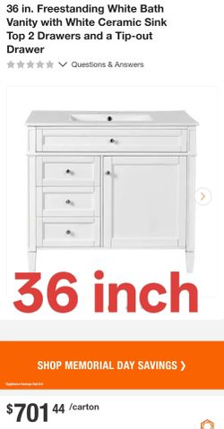 36 in. Freestanding White Bath Vanity with White Ceramic Sink Top 2 Drawers and a Tip-out Drawer