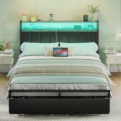 LED Bed Frame with Drawers, Queen Platform Bed Frame with 2-Tier Storage & Leather Upholstered & Charging Station Headboard