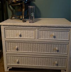 White wood Lexington white wicker set , dresser , nightstand , Desk , chair and desk seat .