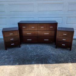 57" Modern Wood Dresser + (2) 21" Nightstands End Table Chest Brown Furniture _ Drawers Slide Smooth