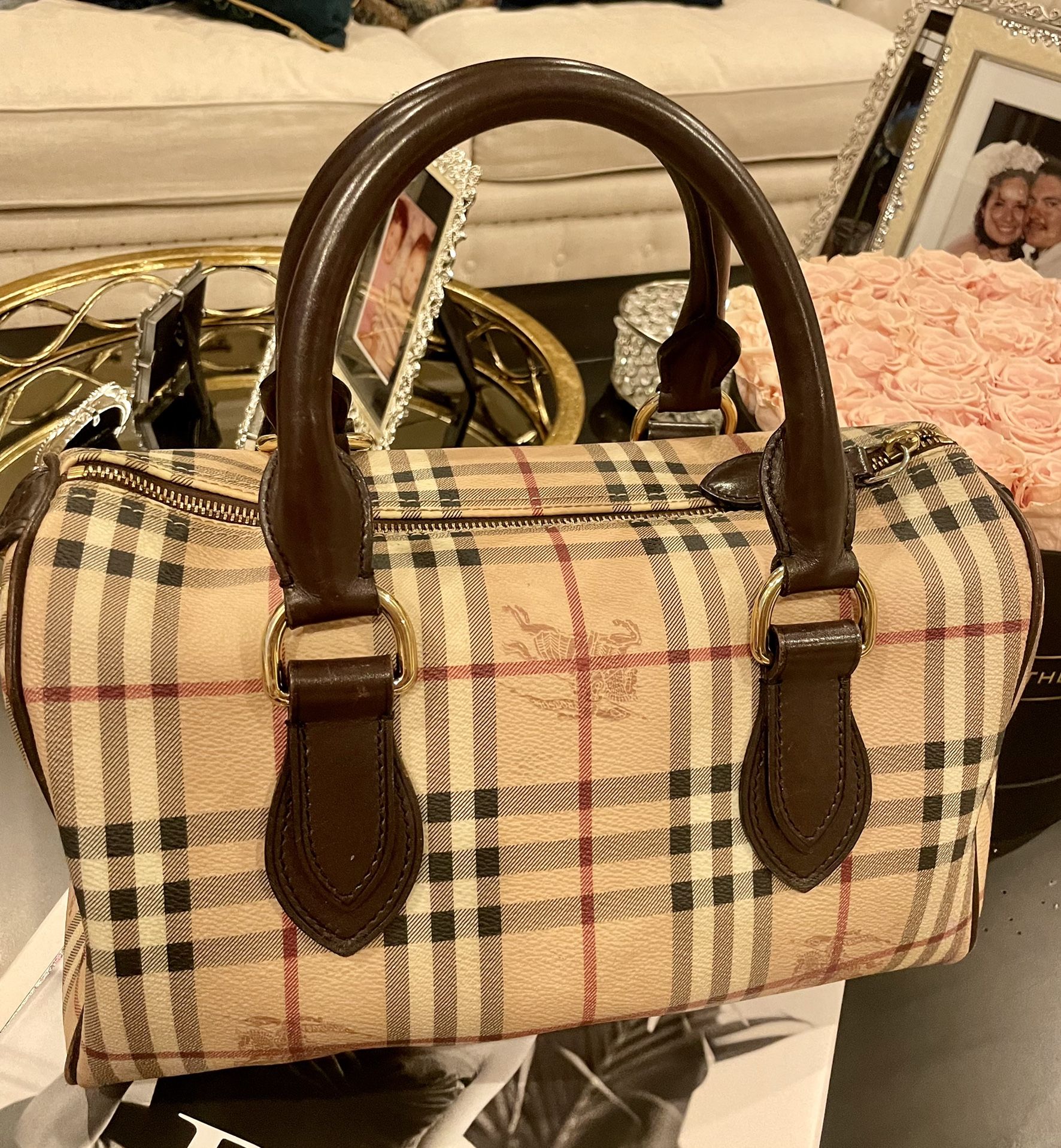 Authentic Burberry Haymarket Small Chester Bowler Bag in Chocolate