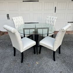 Glass Dining Table And 4 Faux Leather White Chairs