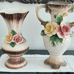2 NUOVA CAPODIMONTE YELLOW & PINK ROSE ITALIAN PORCELAIN VASES IN PERFECT CONDITION 