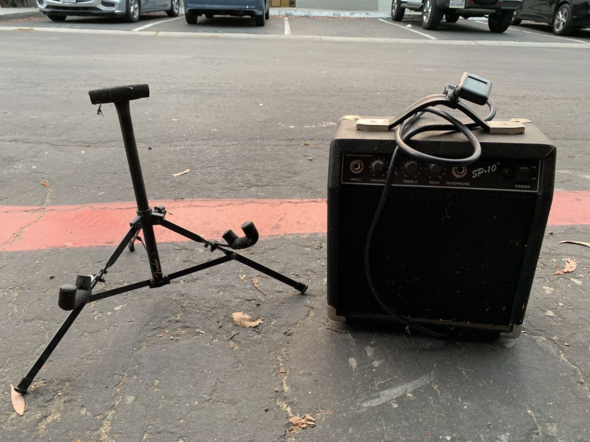 Amp, guitar stand, and tuner