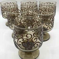 6 Vintage Libbey Prada Cocktail Stemmed Glasses Tawny Brown Raised Scroll 1970’s