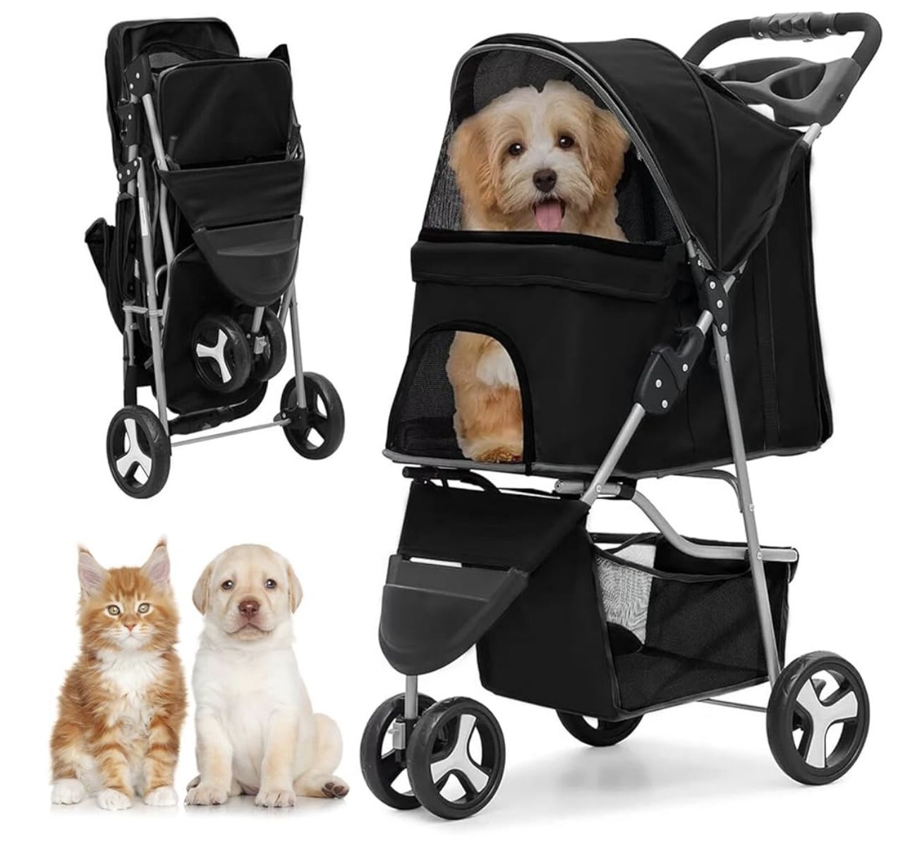 Wheels Pet Stroller, Foldable Dog Strollers for Small Medium Dogs, Pet Strollers Carrier with Storage Basket and Visible Mosquito Net for Large (Y006)