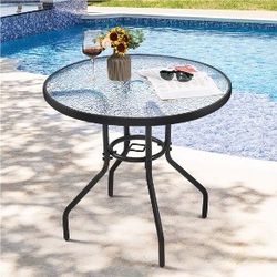 31.5'' Outdoor Coffee Table Patio Round Bistro Table, Round Tempered Glass Top with Umbrella Hole, Dining Table with Metal Frame For Balcony Backyard