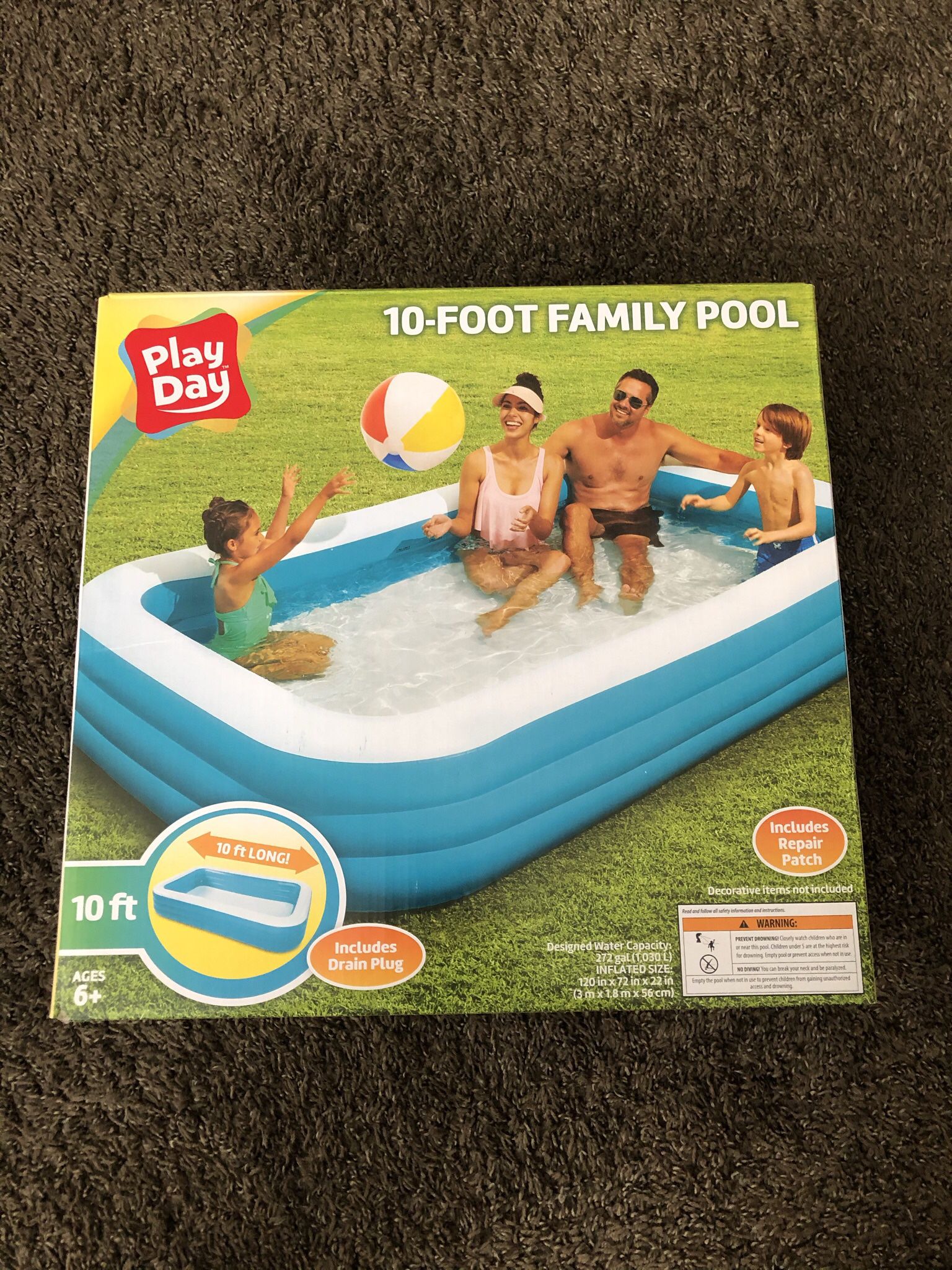Play Day Inflatable 10' Foot Rectangular Family Pool 120"x72"x22" New In Box!