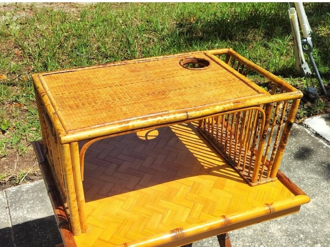 Vintage Tortoise Shell Bamboo Bed Table Breakfast Tray with Magazine Cup Holder.