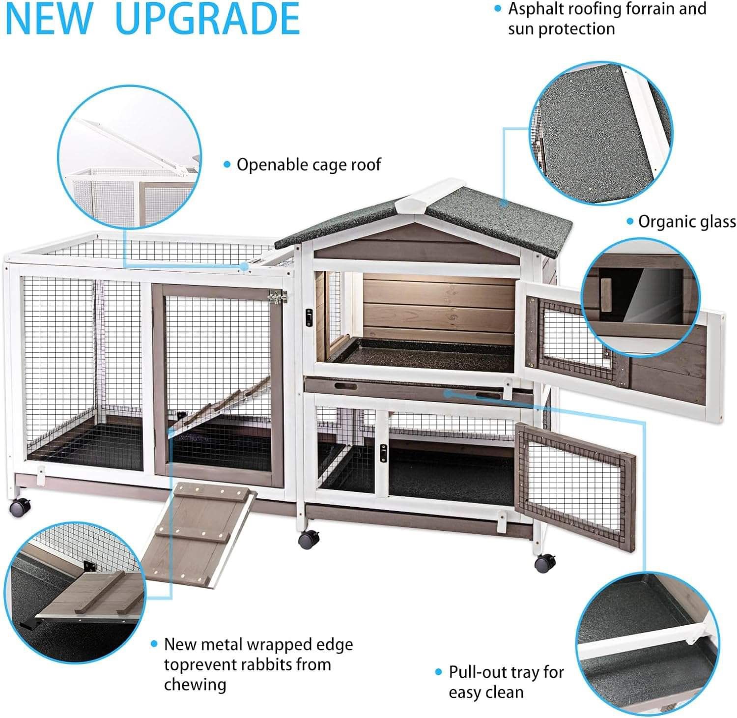 [GREYWHITE] Rabbit Hutch Indoor Outdoor Two Story Bunny Hutch with Wheels Guinea Pig Cage with Removable No Leaking Tray Wooden Pet House with