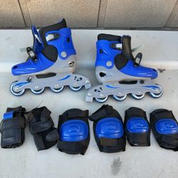 Rollerblades by Veriflex size 1-4 comes with elbow pads, knee pads, and gloves good cond.