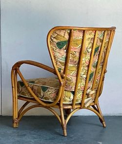 RARE Vintage 1950s Heywood Wakefield MCM Bent Rattan Lounge Chair - One Owner, Original Fabric
