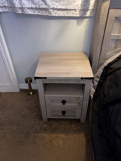 Rustic Gray Farmhouse Nightstand – 2 Drawers + Shelf